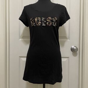 Vintage‎ Guess Shirt Leopard Print Logo Beads Sequins Bling Y2K Top Black Medium